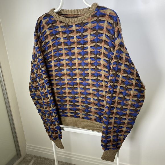 Vintage Coogi Style 3D Knit Grandad Crewneck Jumper 90s Wool Italy Macaroni L - Picture 3 of 15